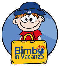 Logo with child on vacation, blue hat, yellow suitcase.